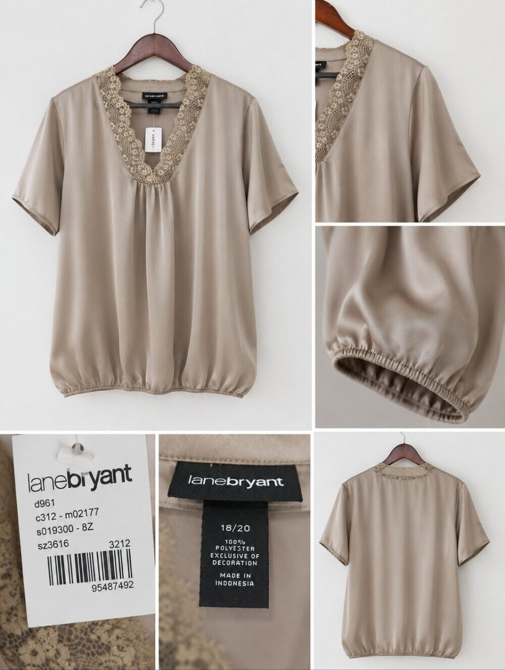 Lane Bryant Women's Size 18/20 Beige Lace Trim Blouse Bubble Hem Short Sleeve NW